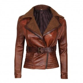 Cassandra Womens Shearling Leather Brown Winter Jacket